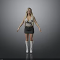 Blonde Woman in White Tank Top Black Skirt and White Socks Standing Against Gray Background