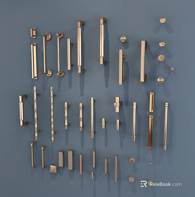 Golden Door Handles In Various Shapes And Sizes Arranged On Blue Background 3d model 