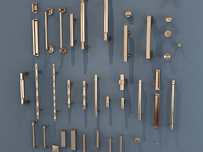 Golden Door Handles In Various Shapes And Sizes Arranged On Blue Background 3d model
