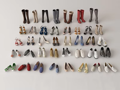 Various Styles of Shoes Including Boots Heels Sneakers and Flats Neatly Arranged 3d model