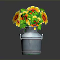 Artistic Sculpture Carving of Sunflowers in Gray Metal Bucket with Green Leaves
