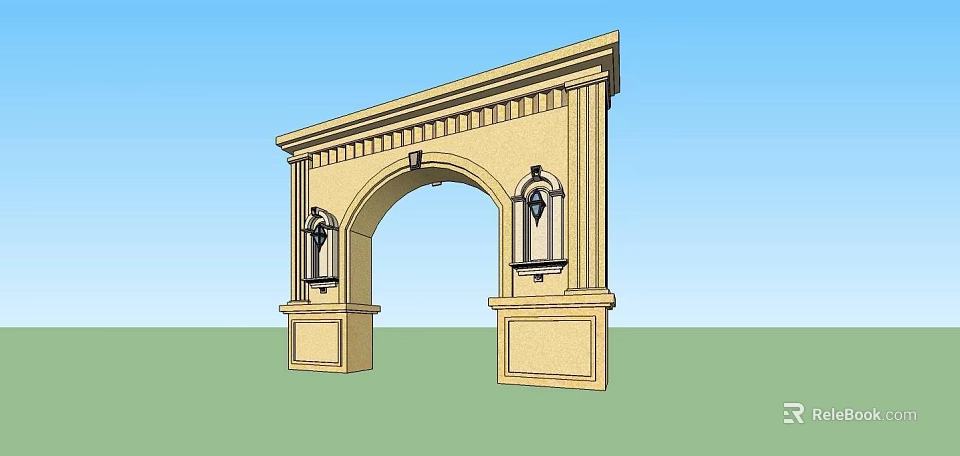 Beige Arched Entrance Gate With Decorative Columns Wall Lanterns And Ornate Cornice 3d model 