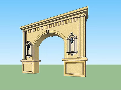 Beige Arched Entrance Gate With Decorative Columns Wall Lanterns And Ornate Cornice 3d model
