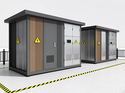Outdoor Public Electrical Distribution Cabinets With Modern Design Warning Signs Caution Tape And Railing 3d model