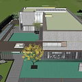 Modern Sales Office Building Featuring Glass Facade Metal Panels And Reflective Water Pool
