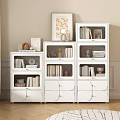 White Modern Bookcase with Glass Door Storage Compartments and Drawers in Living Room Interior