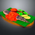 Fresh Fish Dish With Red Sauce Green Leaves And Lemon Slices On Green Platter