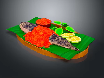 Fresh Fish Dish With Red Sauce Green Leaves And Lemon Slices On Green Platter 3d model