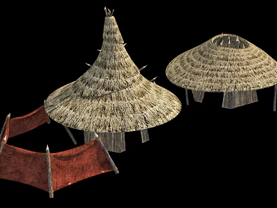 Traditional Thatched Huts Conical Round Roof Designs With Red Tent And Wooden Supports 3d model