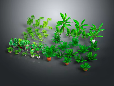 Cartoon Scene Featuring Various 3D Modeled Green Potted Plants With Lush Foliage 3d model