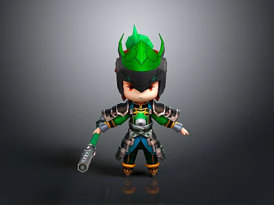 Cute Chibi Style Toy Figure With Green Helmet Armor And Weapon For Kids 3d model