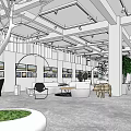 Modern Cafe Interior With Open Space Comfy Sofas Tables Chairs Hanging Lights And Green Plants