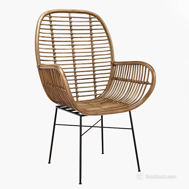 Modern Wicker Single Chair With Curved Backrest Armrests And Metal Legs 3d model 