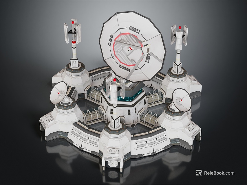 Futuristic Smart Machine Base with Large Satellite Dishes Tall Towers Central Circular Structure and Walkways 3d model 