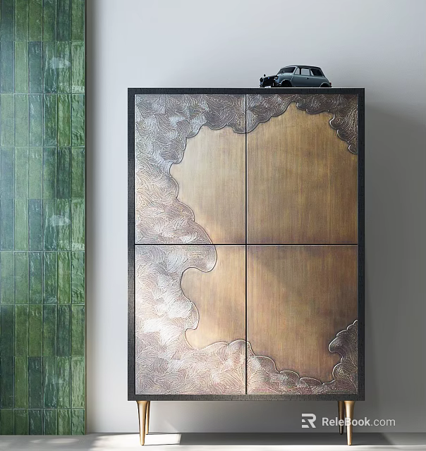 Bronze Entryway Console Cabinet With Intricate Patterns And Car Model On Top 3d model