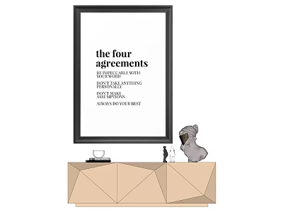 Black Framed The Four Agreements Poster On Beige Geometric Cabinet With Koala Figurine 3d model