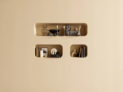 Decorative Ornament Combination On Wall Shelf With Books Sculptures Frames And Decorative Items 3d model