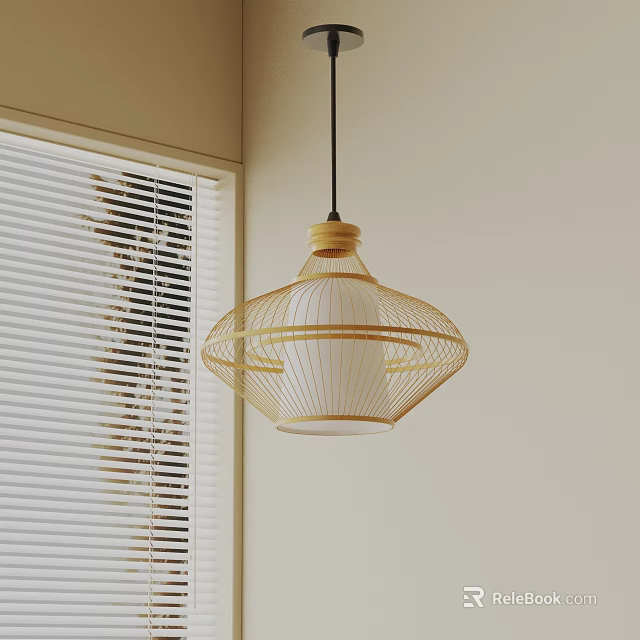 Modern Bamboo Pendant Light Fixture in Minimalist Interior with Window Blinds and Natural Light 3d model 