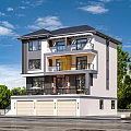 Modern Three Story Detached Villa With Balconies Garage And Green Trees