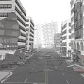 Cartoon City Street Scene With Collapsed Buildings And Broken Pavement