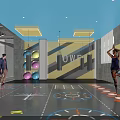 Fitness Studio With People Exercising Colorful Exercise Balls Punching Bags Blue Ceiling And Floor Markings