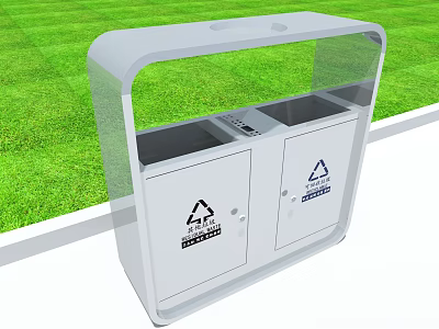 Outdoor Recycling Bin With Transparent Canopy Two Compartments White Body On Green Grass Background 3d model