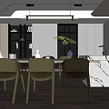 Modern Restaurant Interior Design With Marble Countertop Table Chairs Pendant Lights Plant And Wooden Flooring