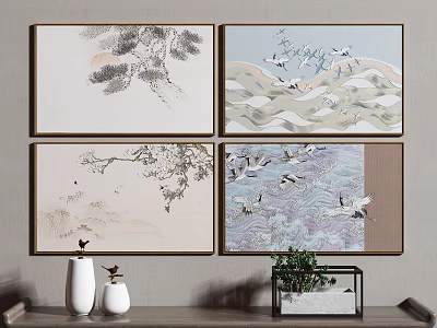 Chinese Style Four Panel Wall Art With Pine Crane Mountain Plum Blossom Decor 3d model