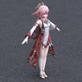 Game And Movie Character With Pink Hair Red And White Outfit Standing Modern Building Background