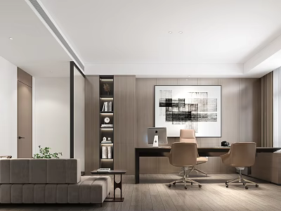 Modern Office Interior Design With Sofa Desk Chairs Bookshelf Wall Art And Green Plant 3d model