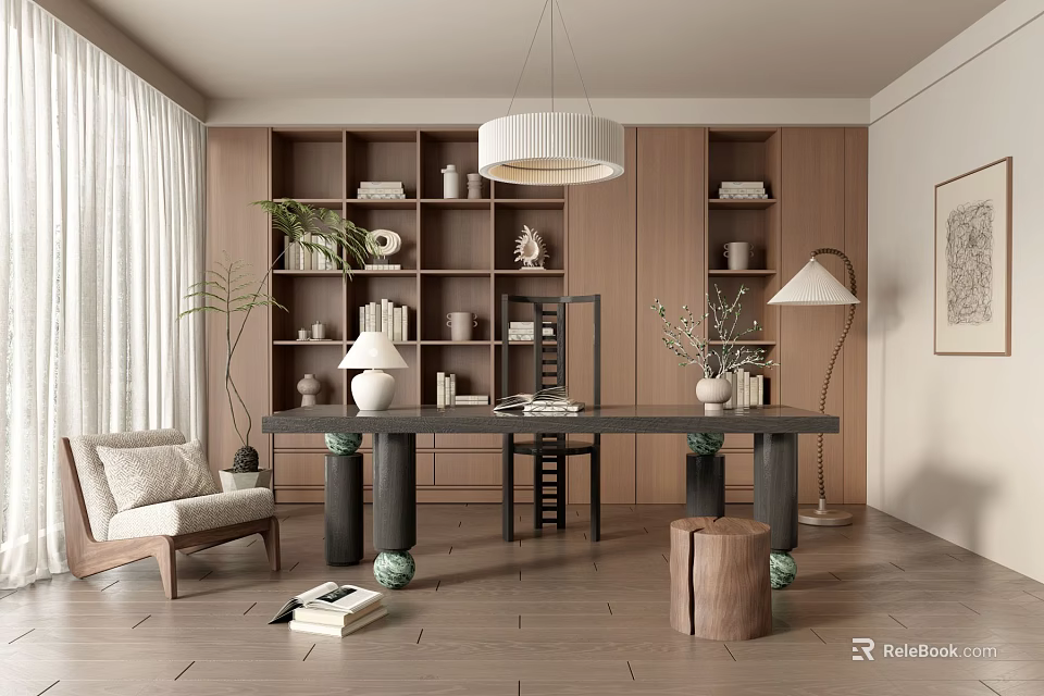 Modern Study Room Interior Design With Wooden Bookshelves Writing Desk And Pendant Lamp 3d model 