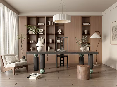 Modern Study Room Interior Design With Wooden Bookshelves Writing Desk And Pendant Lamp 3d model