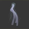 Glowing Jellyfish Swimming In Dark Background With Transparent Body And Long Purple Blue Tentacles