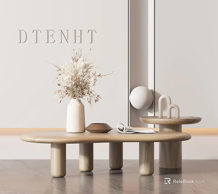 Modern Wooden Coffee Table with White Vase Dried Flowers and Small Round Side Table 3d model 