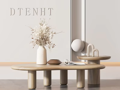 Modern Wooden Coffee Table with White Vase Dried Flowers and Small Round Side Table 3d model