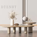 Modern Wooden Coffee Table with White Vase Dried Flowers and Small Round Side Table