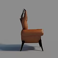 Brown Leather Single Chair With Curved Horn Shaped Arms And Black Tapered Legs