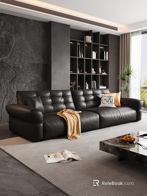 Modern Black Leather Sofa and Coffee Table Set with Cushions Throw Blanket Fruits and Magazines 3d model 
