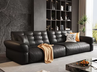 Modern Black Leather Sofa and Coffee Table Set with Cushions Throw Blanket Fruits and Magazines 3d model