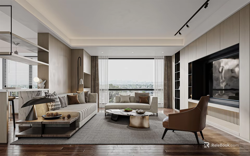 Modern Living Dining Room Design With Sofa Coffee Table Armchair Large Window Curtains Wooden Floor 3d model 