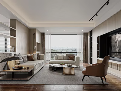 Modern Living Dining Room Design With Sofa Coffee Table Armchair Large Window Curtains Wooden Floor 3d model