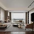 Modern Living Dining Room Design With Sofa Coffee Table Armchair Large Window Curtains Wooden Floor