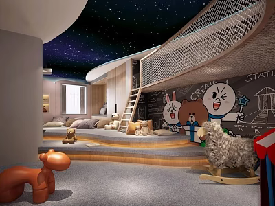 Kids Playroom With Starry Ceiling Slide Blackboard Wall Cartoon Rabbit And Rocking Horse 3d model