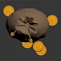 Burlap Storage Bag As Practical Household Item With Tied String And Scattered Gold Red Coins
