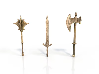 Ancient Metal Weapons Collection Featuring Spiked Mace Sword And Battle Axe On White Background 3d model