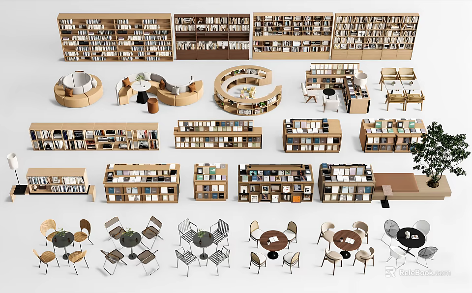 Various Stylish Wooden Bookcases For Home Library With Reading Tables And Chairs 3d model 