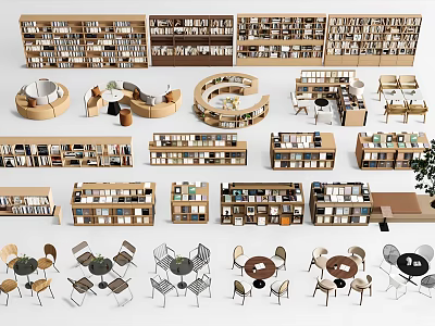 Various Stylish Wooden Bookcases For Home Library With Reading Tables And Chairs 3d model