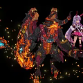 Anime Game Character With Long Purple Hair Standing Beside Fiery Armored Monster With Sparks