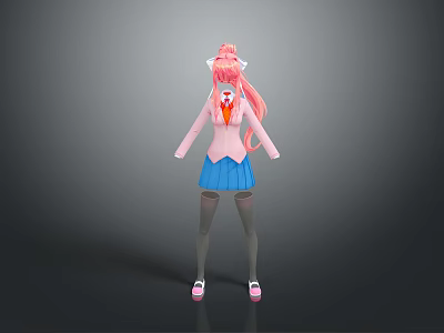 Cute Pink Long Sleeve Top With Blue Skirt Gray Stockings And Cat Ear Accessories 3d model