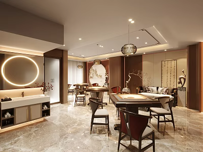 Modern Chinese Style Hotel Mahjong Room Interior Design With Wooden Tables And Round Mirror 3d model